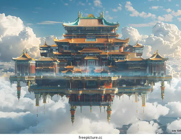 An illustration of a Chinese palace floating in the sky