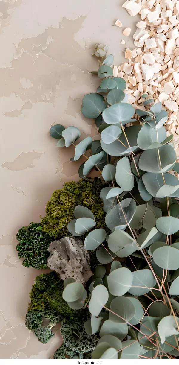 Green Leaves with Stones and Moss on a Beige Background