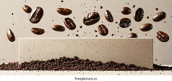 Coffee Beans Falling on Beige Stone Surface