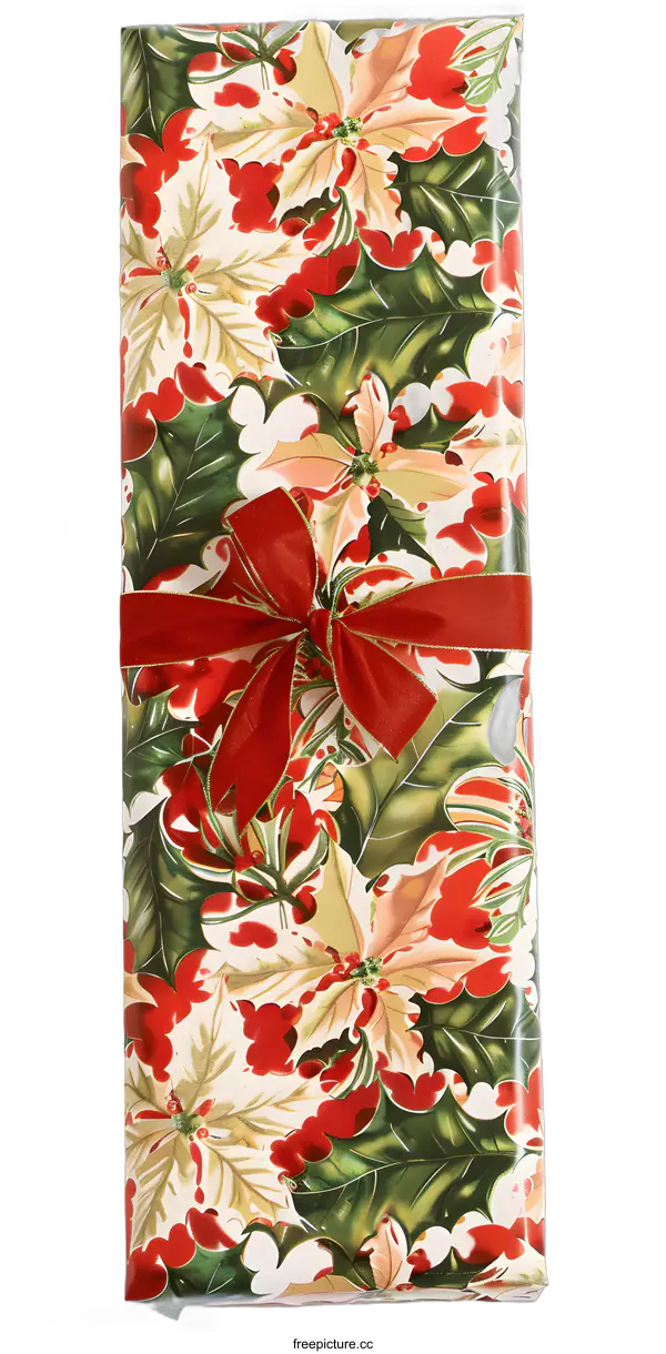 [Transparent Background PNG]Christmas Gift Wrapping Paper with Red Bow and Holly Design