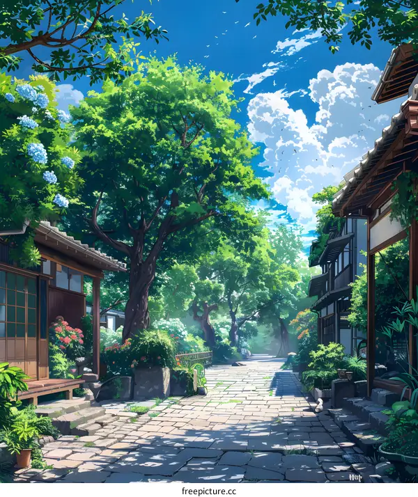 Anime Style Illustration of a Cobblestone Pathway in Japan