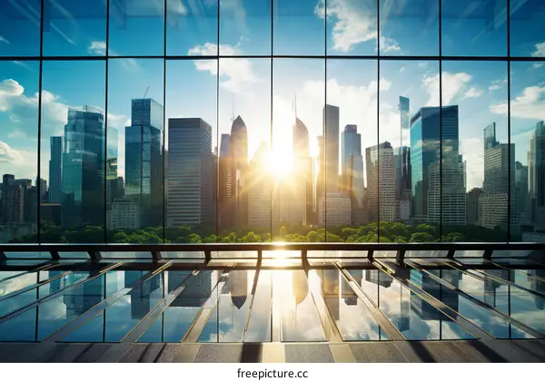 A modern office building with a view of the city skyline