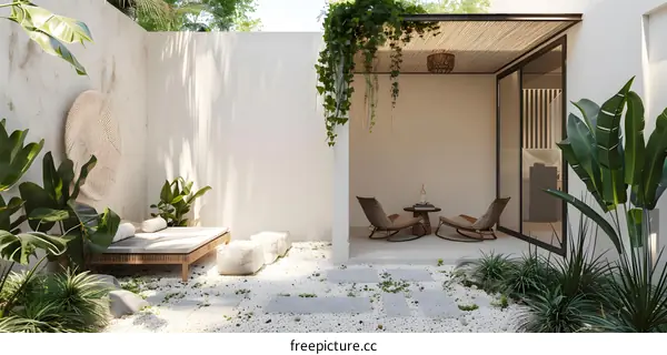 Minimalist Courtyard with White Pebbles and Greenery