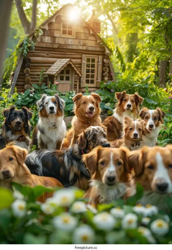 A group of Australian shepherds in front of a small wooden house