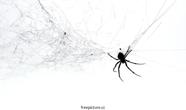 Spiderweb with Spider Silhouette Against White Background