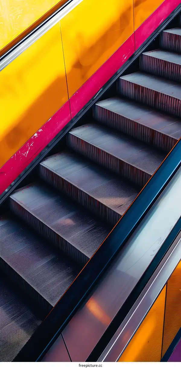Closeup of an Escalator with Yellow and Pink Panels