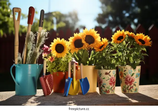 Sunflower and gardening tools on a sunny day