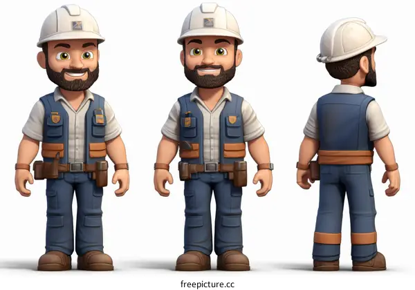 3D construction worker wearing hardhat, work vest and tool belt