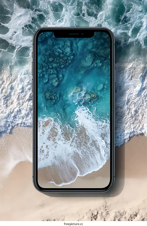 Smartphone Screen Displaying Aerial View of Ocean Waves
