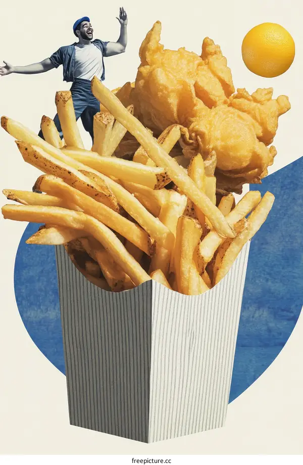 A Creative Collage of French Fries and Fish and Chips with a Man