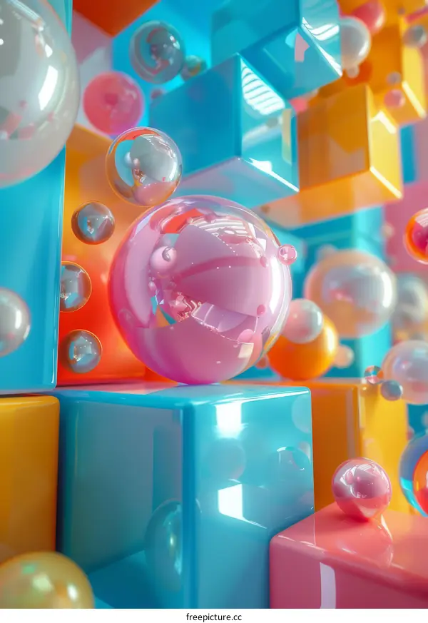 Pink Glass Sphere and Colorful Stacked Blocks