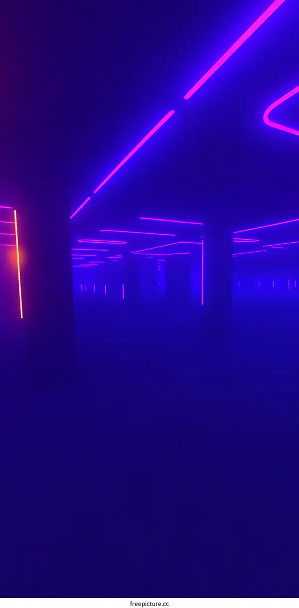 Neon Lights In A Dark Underground Parking Garage