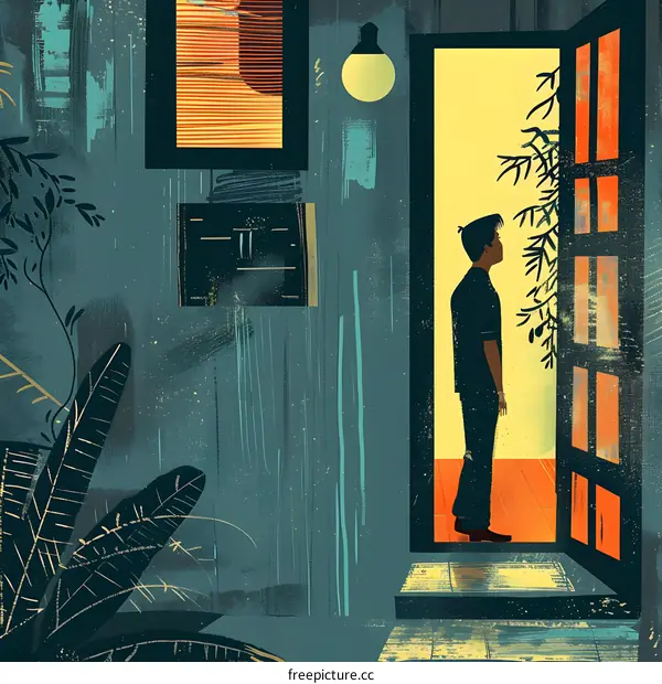 Man Standing at Doorway of House Illustration