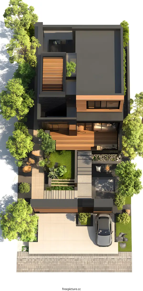 Modern House Aerial View with Green Landscape Design