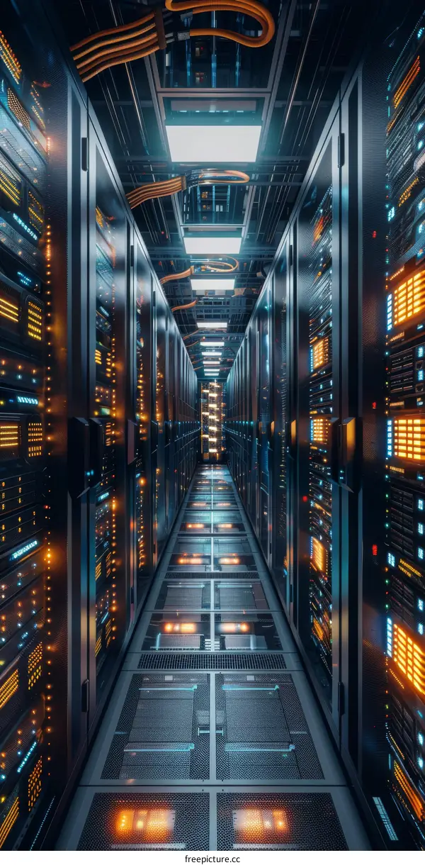 Futuristic server room with bright lights