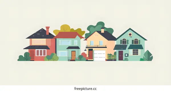 Colorful Illustration of Four Houses with Green Trees and White Background