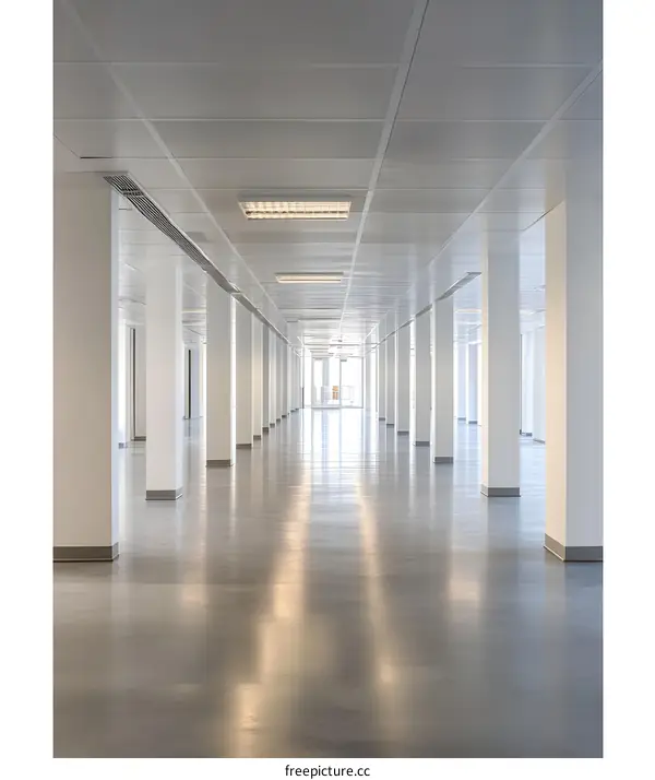 Empty White Office Corridor With Lights Reflecting On The Floor