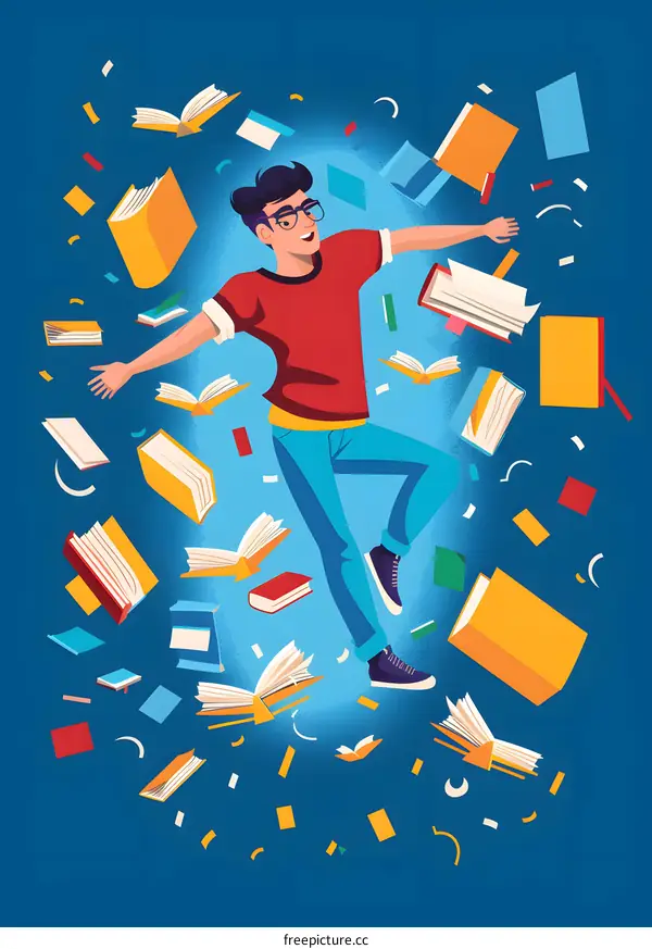 Happy Man Jumping With Books In The Air