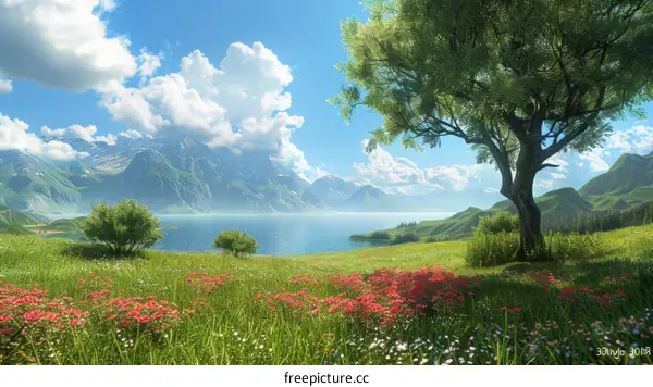 Serene Mountain Lake and Flower Field Landscape
