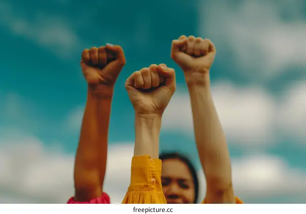 Three people of different ethnicities raising their fists in the air in front of a blue sky