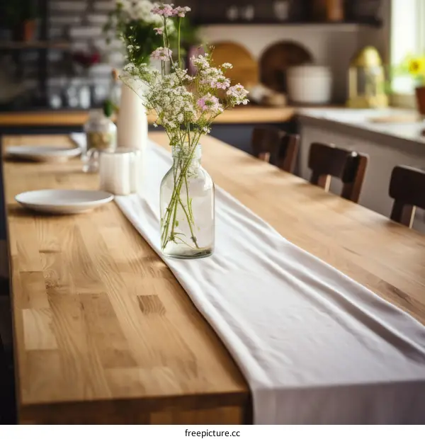 A wooden table with a vase of flowers on a white tablecloth