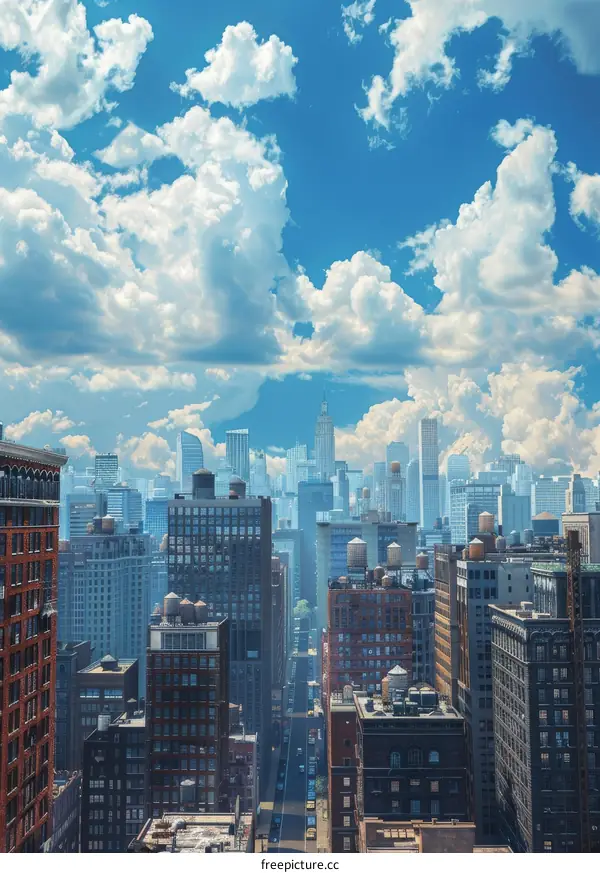 Aerial view of New York City skyline with skyscrapers and clouds