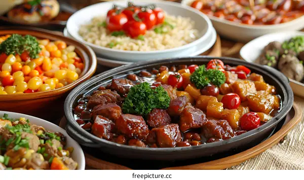 Close Up Of Braised Pork Belly And Vegetables In A Black Bowl
