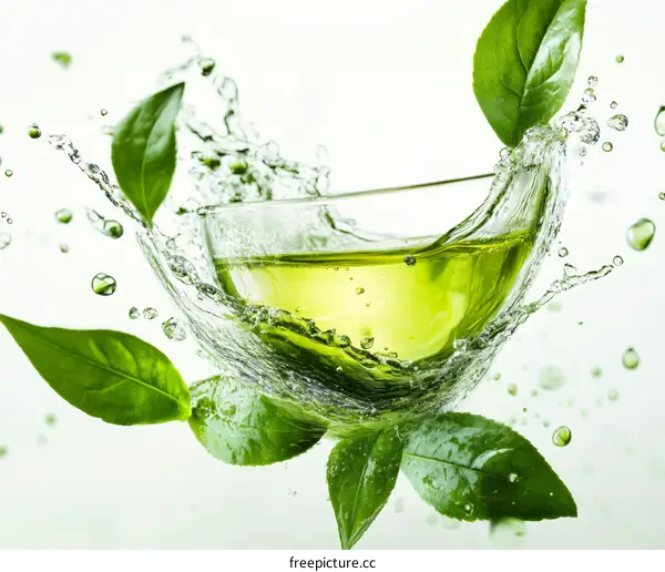 Refreshing Green Tea Splash with Leaves