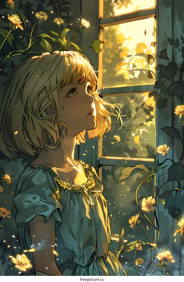 Girl Gazing at Sunset Through Flowered Window