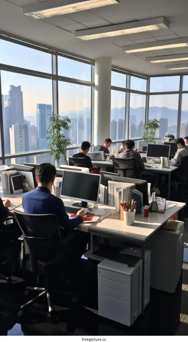 A group of people working in an office with a view of the city