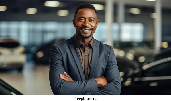 Portrait of a smiling African American businessman standing in a car dealership with his arms crossed.