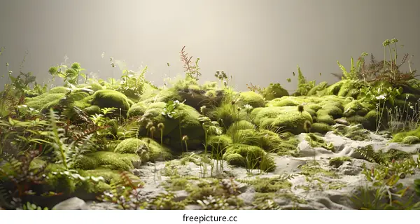Green Mossy Landscape with Ferns and Plants