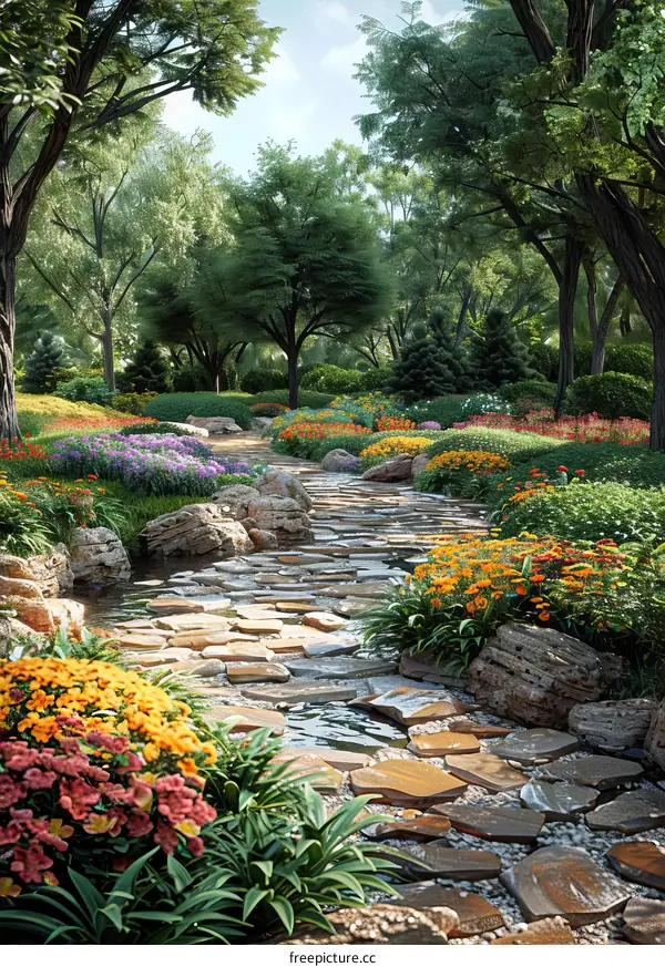 Stone Path Leading Through a Lush Garden