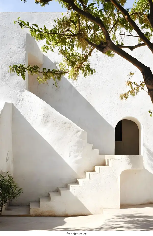 Minimalist White Building with Stairs and Tree