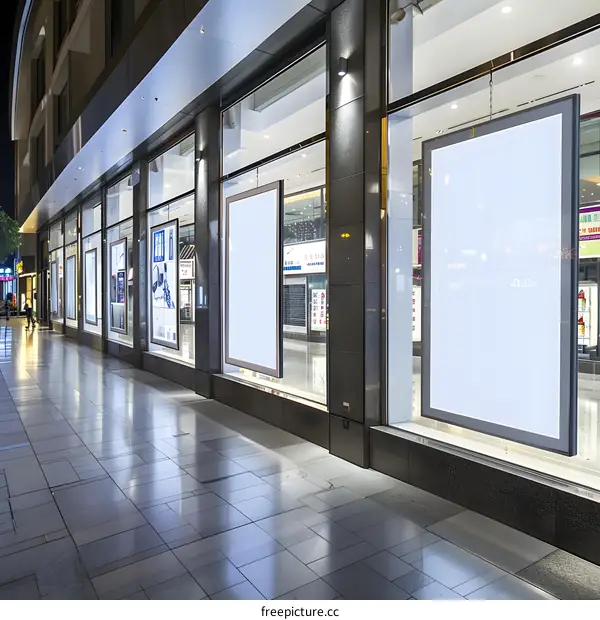 Empty Storefront Windows With Blank Signs In Night