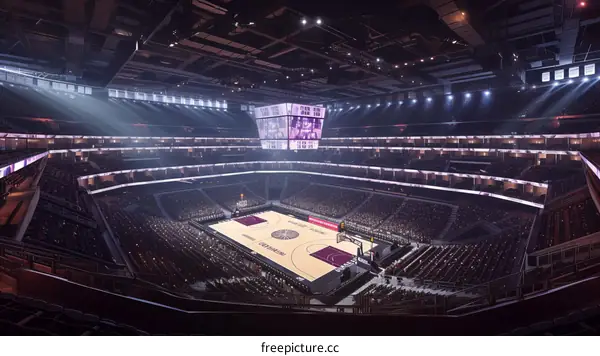 A basketball court with a large crowd of spectators