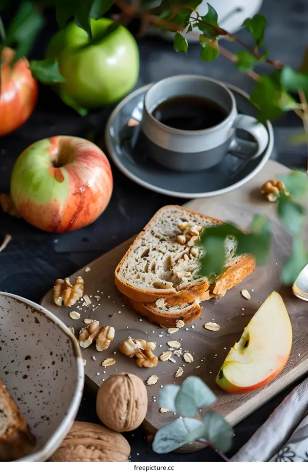 Close Up of Freshly Baked Bread, Apple Slices, and Walnuts on Wooden Board
