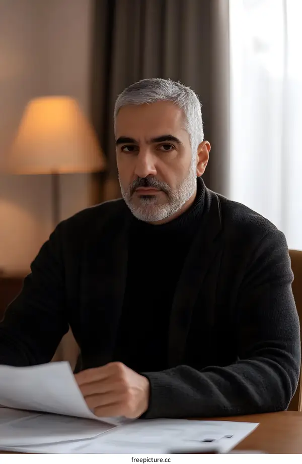 Serious Man Looking at Camera Holding Papers