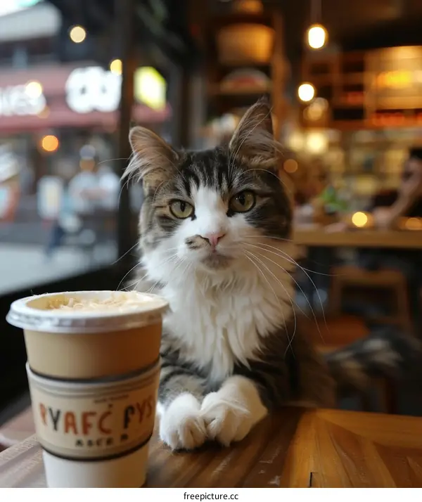 A cat is sitting at a table in a cafe and looking at the camera