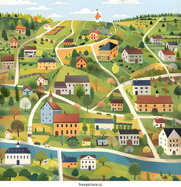 Village Illustration With Houses And Green Trees