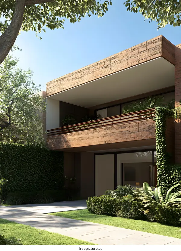 Modern Brick House with Green Ivy and Patio