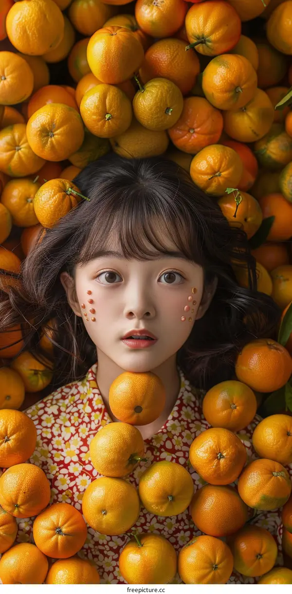 Girl surrounded by oranges, creative photo