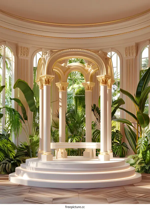 Round White Platform With Golden Arches and Green Plants