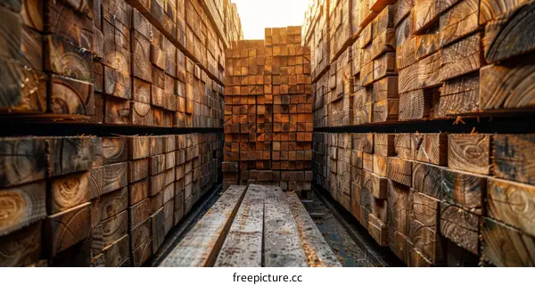 Stacks of Lumber Planks in a Yard