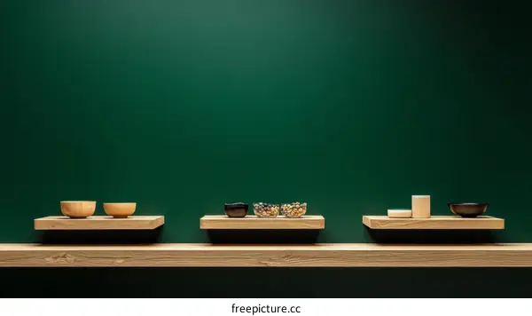 Wooden Shelves with Bowls and Containers Against a Green Wall