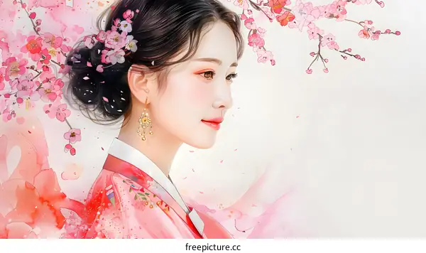 A beautiful Korean woman in traditional dress stands in a field of cherry blossoms.