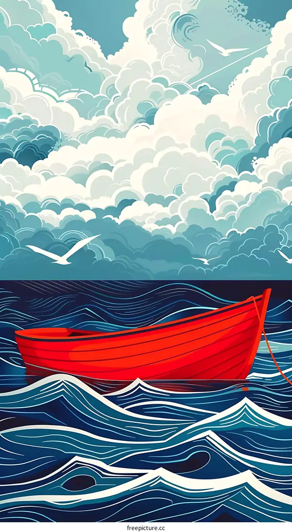 Red Rowboat on Ocean Waves Under Blue Sky