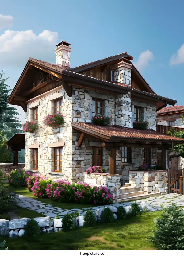 Stone Cottage with Brown Roof and Flowers