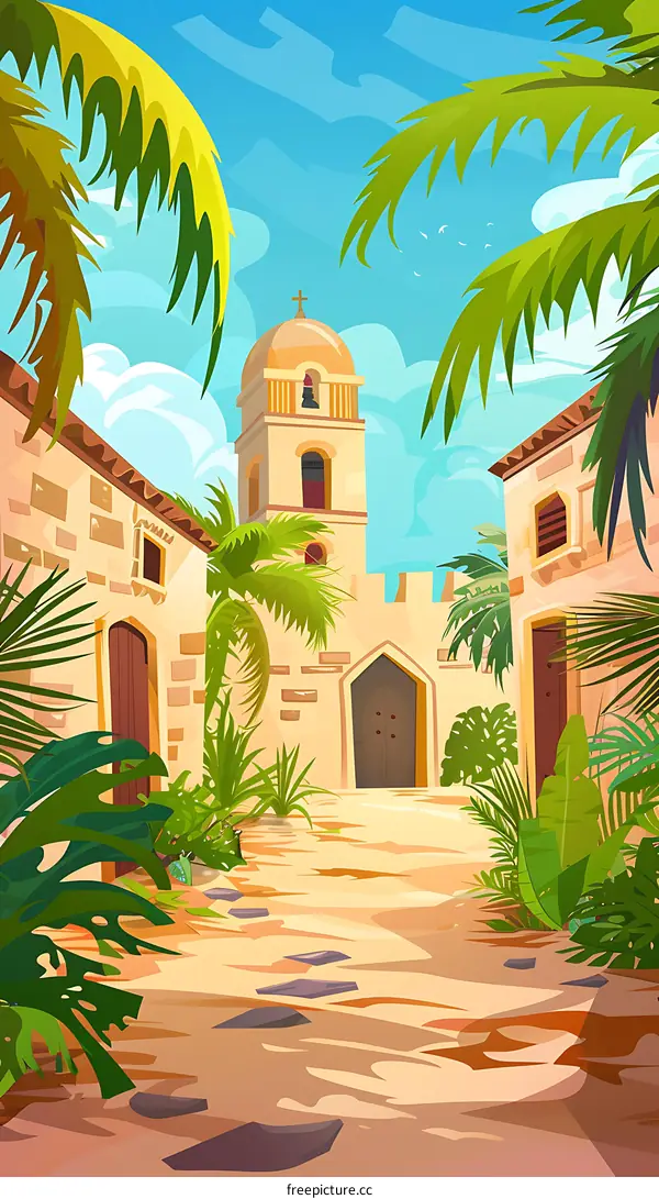 Tropical Island Village With Church Tower