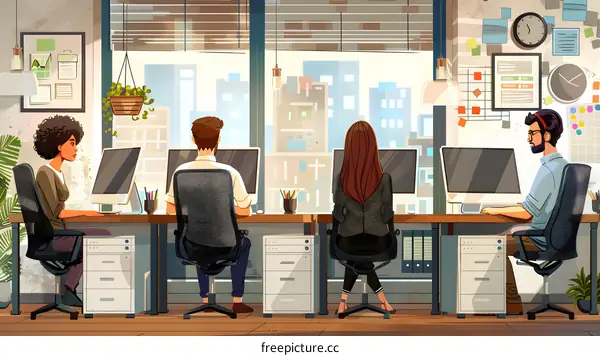 Modern Office Interior with Four People Working on Computers